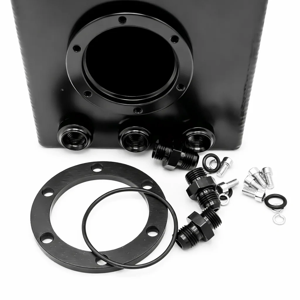 Dodatkowy zbiornik Paliwa Swirl Pot 2L z otworem na pompę Fuel Surge Tank Aluminiowy Czarny