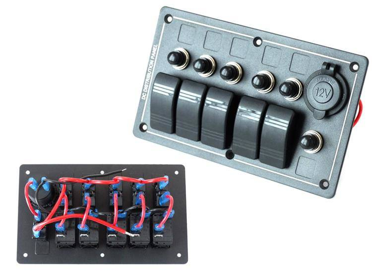 Panel przełączników ALU, ON-OFFx5, 1xGZ, BA 3x5A 2x10A 1x15A IP68