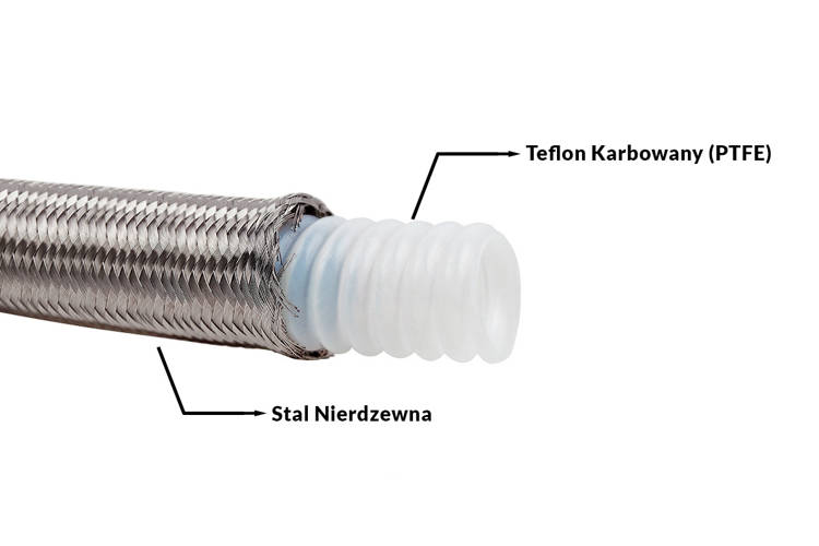 Przewód teflonowy PTFE w oplocie stalowym karbowany AN4 5,5mm